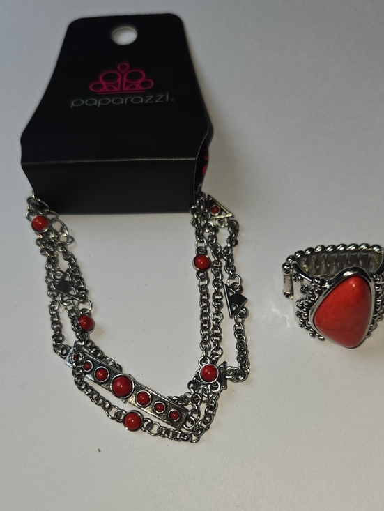 paparazzi Jewelry - Paparazzi Silver-Tone Layered Necklace and Coral Red Stone Ring Set